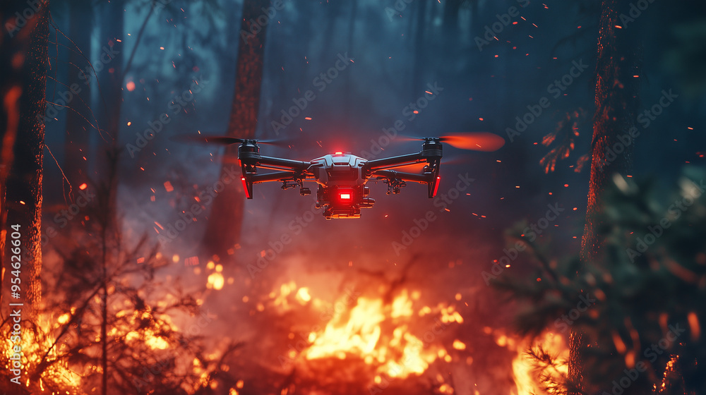 Poster a drone hovers above a blazing forest fire, capturing the intense scene with glowing embers and smok