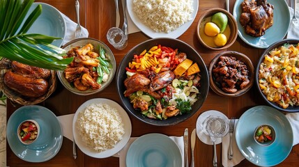 An overhead view of a table beautifully set for a family meal, featuring a variety of delicious Caribbean-style dishes.