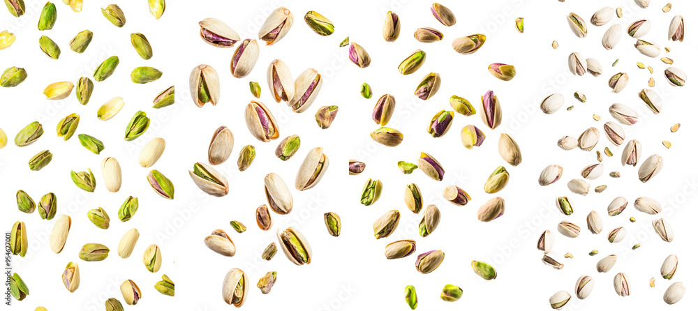 Poster the falling pistachio on white background has a full depth of field