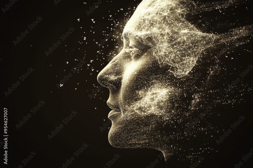 Poster inquisitive emotional resonance abstract image of a head dissolving into dust symbolizing the fragil