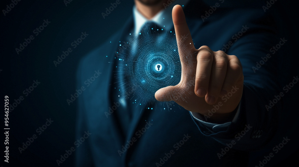 Poster a businessman in a suit touches a digital interface with a holographic key symbol, representing conc