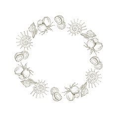 Flower circle frame. Hand drawn round line border, leaves and flowers, wedding invitation and cards, logo design and posters template. Elegant minimal style floral vector isolated 