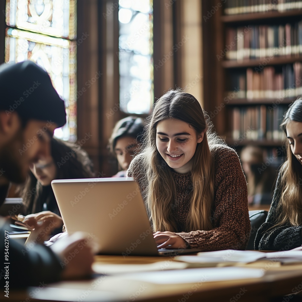 Poster students studying at a library table with laptops surrounded by books while engaged in a group proje