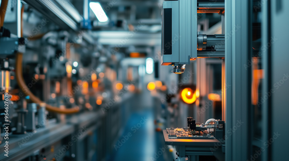 Poster A close-up of an automated assembly line in a high-tech factory, showcasing precision machinery and advanced manufacturing processes in a modern industrial environment.