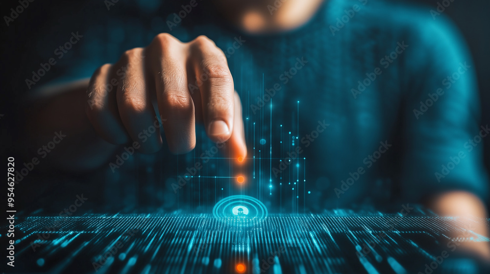Aufkleber a person interacts with a digital interface, touching a glowing holographic symbol, representing the