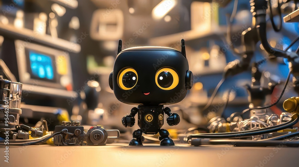 Poster black cartoon robot toy with computer in 3d format