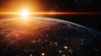 sunrise behind the earth from space. Generative AI