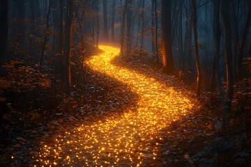 Fototapeta premium Glowing path covered in golden leaves, winding through a mystica.