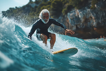Elderly Man Riding a Wave on a Surfboard