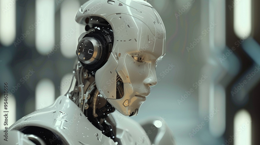 Poster advanced humanoid robot with sleek design and integrated headphones. this futuristic humanoid robot 