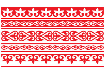 Traditional Kazakh, Kyrgyz, Uzbek, Mongolian or Kalmyk  pattern set. Seamless bands or borders, red and white ornaments. Vector design element.  National Asian ornaments for plate, textile and print 