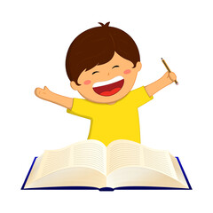 Vector illustration of happy boy with open book and holding pencil in hand on transparent background