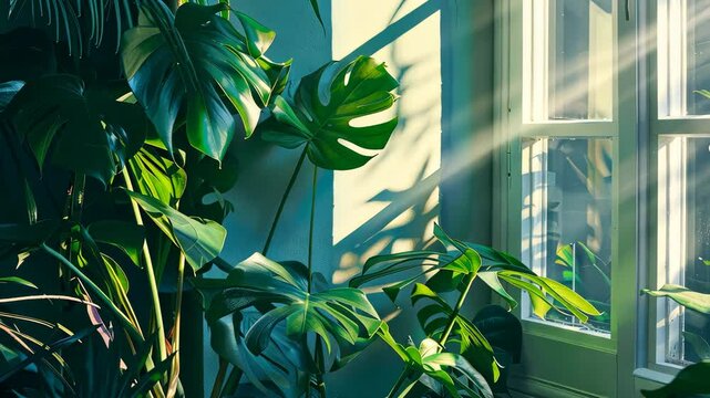 Sunlit monstera plant leaves by window in green interior, serene nature and tranquility concept