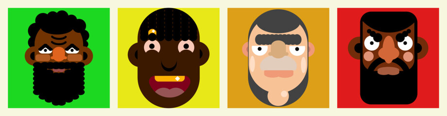 Abstract comic faces with different emotions of different nationalities. Vector character illustration for social networks and media, user profile, website and application design and development, user