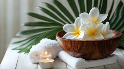 Obraz premium Relaxing Spa Setting with Flowers, Candles, and Towels
