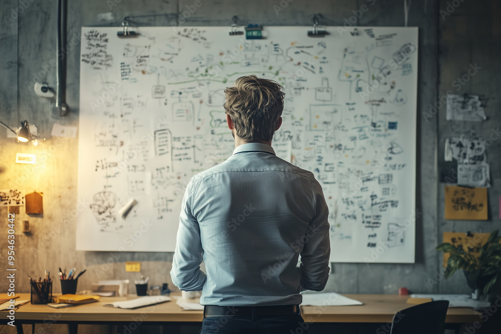 Poster A man stands in front of a large whiteboard filled with complex ideas and diagrams, symbolizing creativity, planning, and problem-solving in a modern workspace.