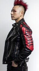 An Asian man wearing a striking leather jacket with red details displays a confident demeanor, showcasing his unique style