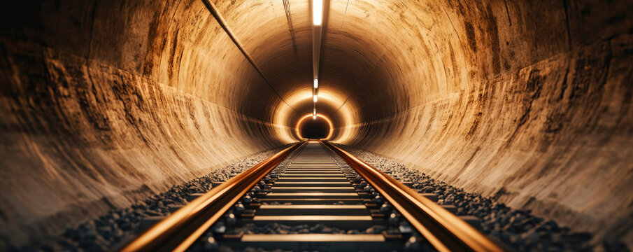 Illuminated railway tunnel, featuring parallel tracks leading to a distant circular light, showcasing textured concrete walls and laid gravel, creating a sense of depth and intrigue.