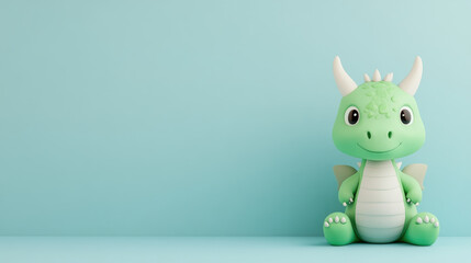 Fototapeta premium Charming green dragon toy, cute oversized eyes, small wings and horns, placed against a soft blue background, radiating playful and friendly vibes.