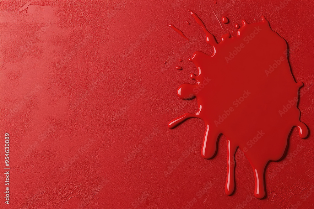 Poster red paint splatter on a textured background, vibrant hue contrasts with smooth surface, evoking crea
