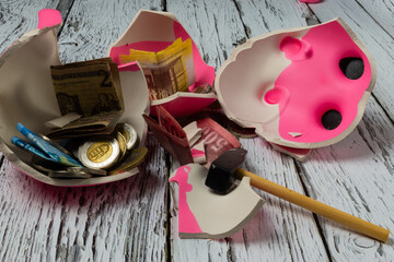 smashed piggy bank and hungarian forint