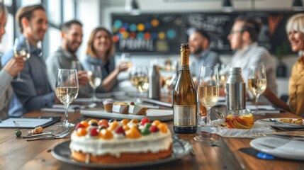 Promotion Celebration: An intimate office gathering around a conference table, where colleagues congratulate the newly promoted employee and raise glasses in celebration.
