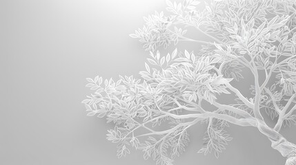 A detailed white line drawing of a tree with sprawling branches and intricate leaf patterns, set against a soft gradient background that highlights the contrast. 8k UHD, suitable for high-quality 