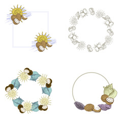 Flower circle frame. Hand drawn round line border, leaves and flowers, wedding invitation and cards, logo design and posters template. Elegant minimal style floral vector isolated 