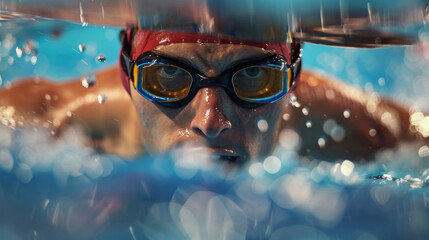 Fototapeta premium Focused Swimmer in Action with Goggles - Intense Competitive Swimming Close-Up