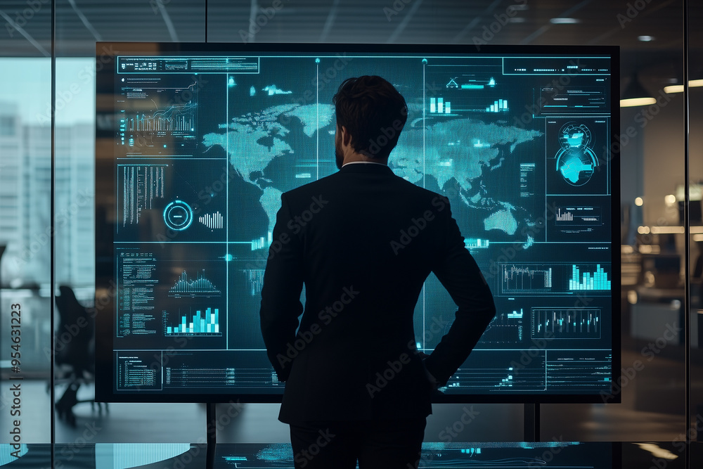Poster a business professional stands in front of a large digital screen displaying global data, symbolizin