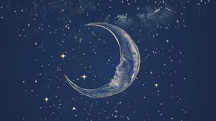 Fototapeta premium A whimsical white line drawing of a crescent moon surrounded by stars, creating a celestial scene on a deep blue background. 8k UHD, suitable for high-quality printing or digital display. 