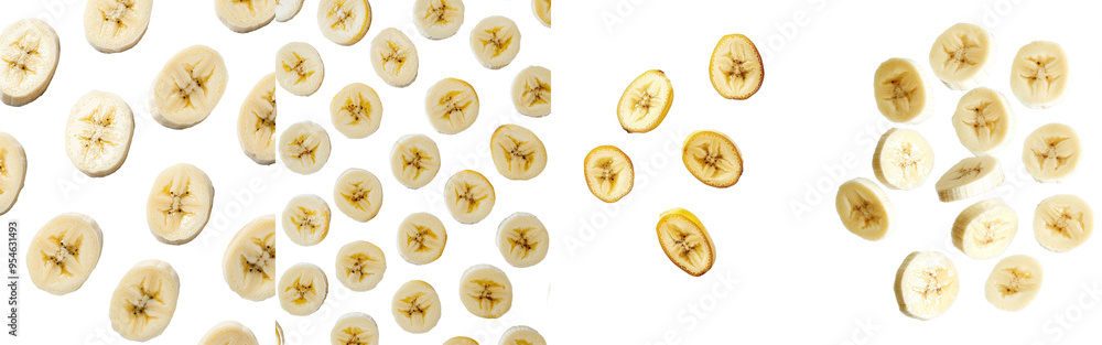Poster an isolated banana slice with a peeled fruit in full depth of field, falling against a white backgro