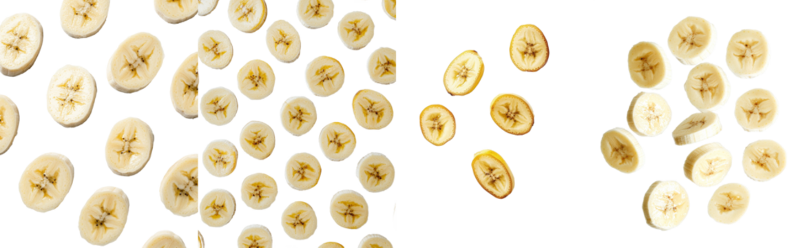 An isolated banana slice with a peeled fruit in full depth of field, falling against a white background.