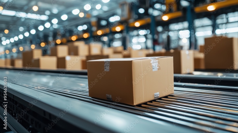 Poster efficient automated conveyor belt sorting system in logistics center with moving parcels and sorting