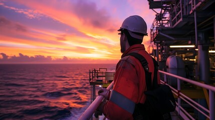 Obraz premium Coastal Carbon Capture Facility at Dawn with Hardworking Crew Preparing for