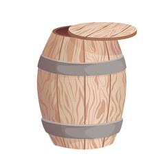 Wooden barrel for honey, grapes, autumn harvest, beer, wine, or other alcoholic beverages. Barrel for labels, postcards, and banners. Vector illustration isolated on a white background.