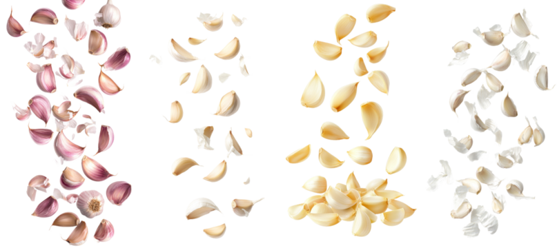 A falling clove of garlic is isolated on a white background, with a full depth of field