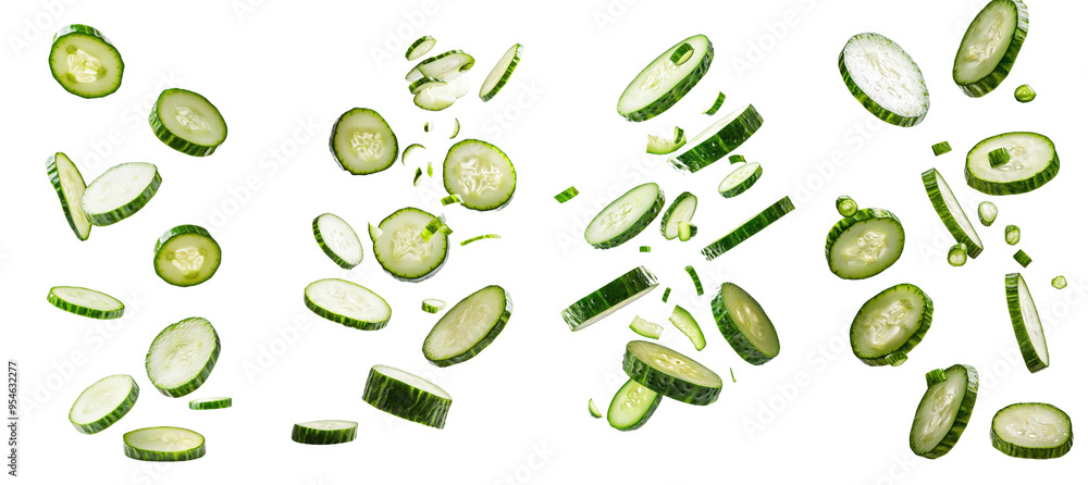 Aufkleber full depth of field, falling cucumber slice on white background