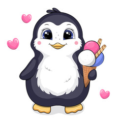 Cute cartoon penguin with ice cream. Vector illustration of an animal on a white background with a heart.