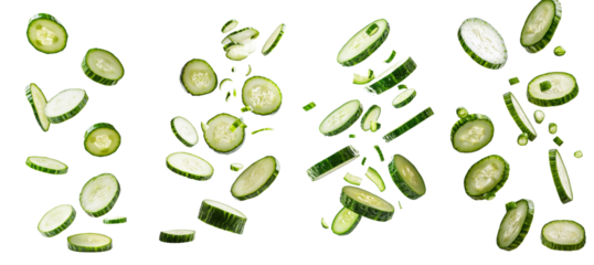 Full depth of field, falling cucumber slice on white background