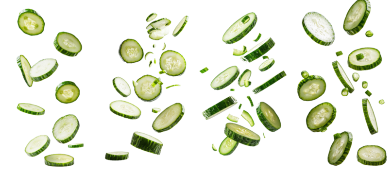 Full depth of field, falling cucumber slice on white background