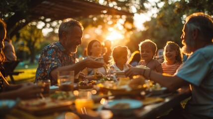 Family Reunion: A lively summer event in a park where family members gather under a pavilion for potluck meals, games, and memorable group photos.
