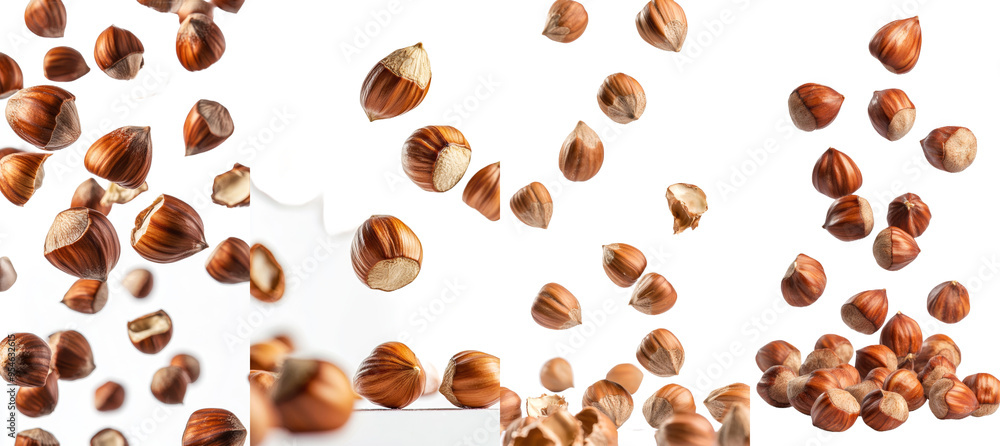 Poster a falling hazelnut isolated on a white background, with full depth of field