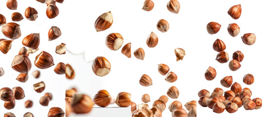 Obraz premium A falling hazelnut isolated on a white background, with full depth of field