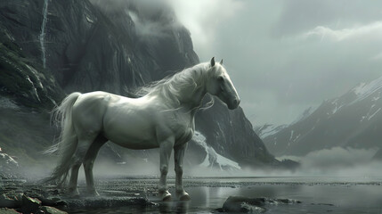 Majestic white horse galloping