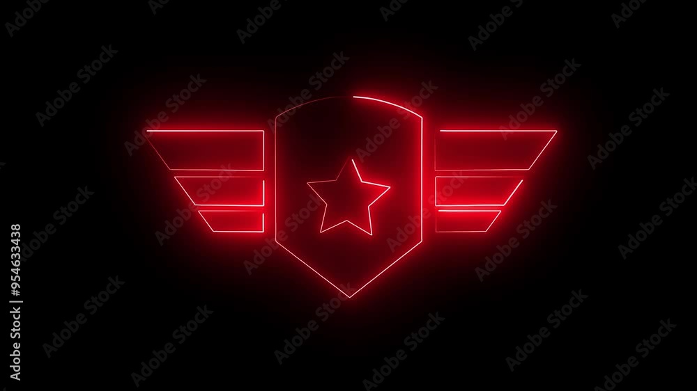 Poster red color neon glowing new style logo with star on black background. loop/ 4k animation of an abstra