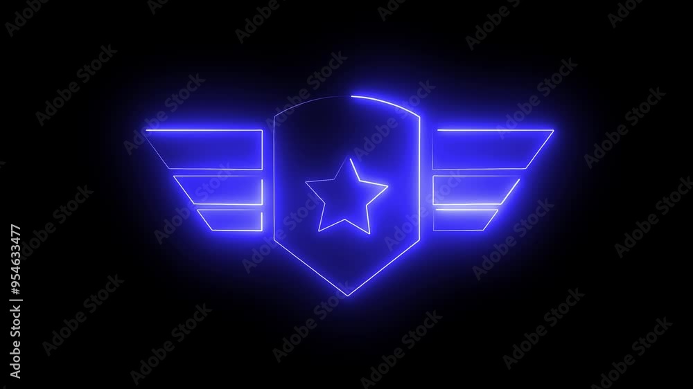 Poster blue color neon glowing new style logo with star on black background. loop/ 4k animation of an abstr
