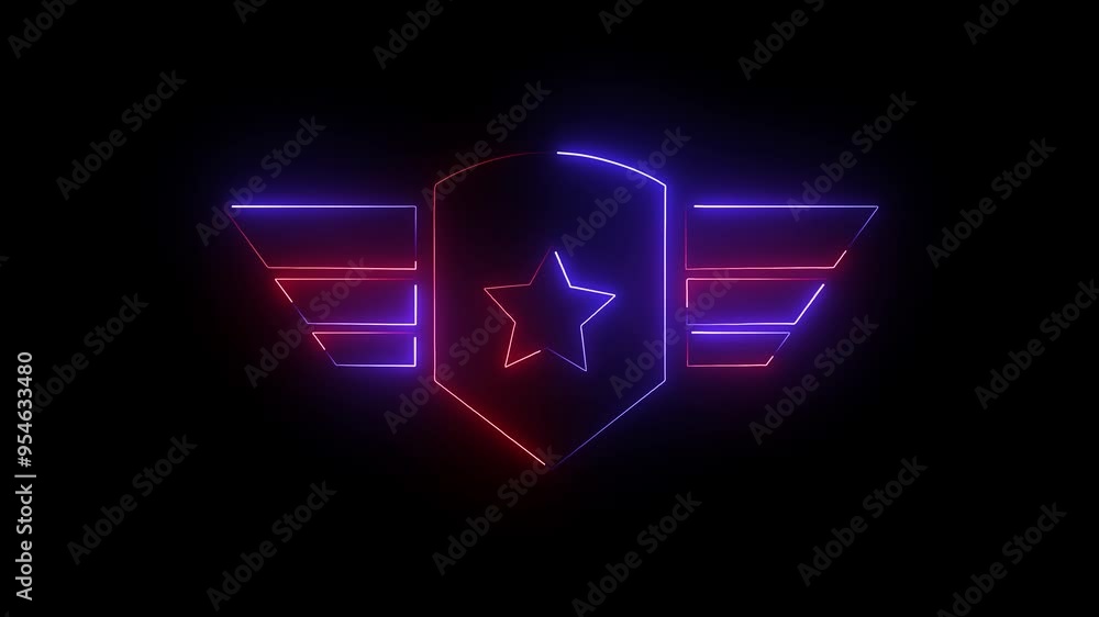 Poster red and blue color neon glowing new style logo with star on black background. loop/ 4k animation of 