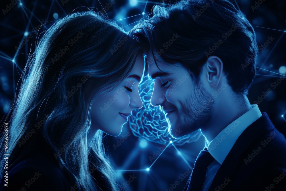 Poster focused neural coupling modern couple leaning forehead to forehead with glowing brain patterns symbo