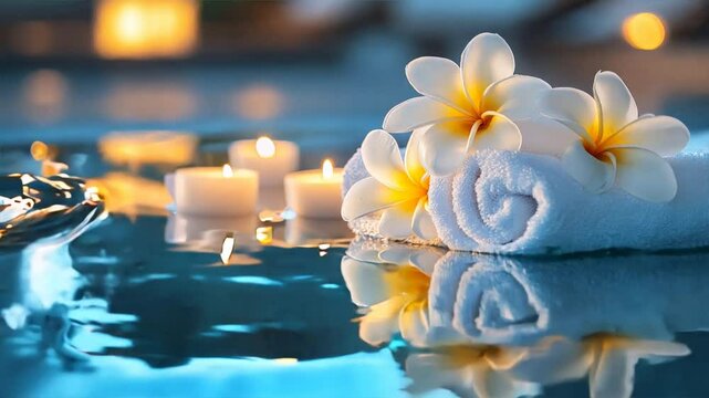 Relaxing spa scene with rolled white towels, frangipani flowers, and candlelight reflections on water for a calm and serene atmosphere.